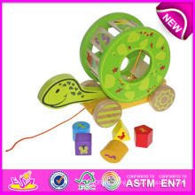 El juguete de carro de bloques de tortuga para niños, juguete de madera precioso Carro de juguete para niños, tirón lindo y juguete de empuje para bebé W05b071